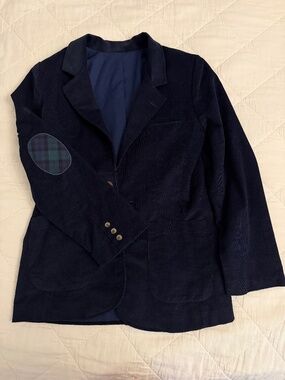 Bella Bliss navy corduroy blazer with plaid elbow patches